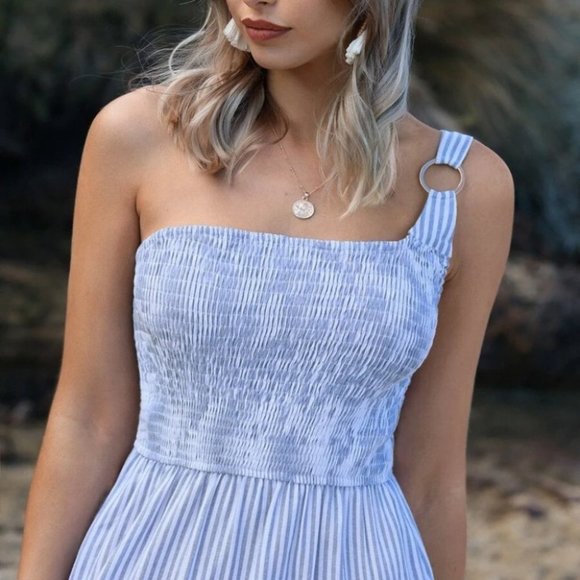 One Shoulder O-ring Detail Shirred Ruffle Hem Striped Print Dress - Picture 6 of 6